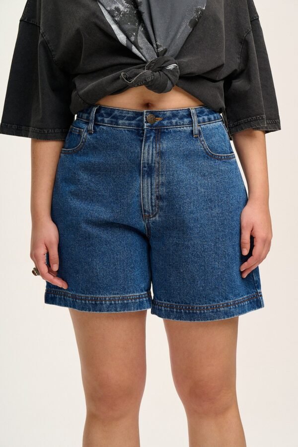 Lexi - High Waist Denim Shorts in Mid Wash Blue