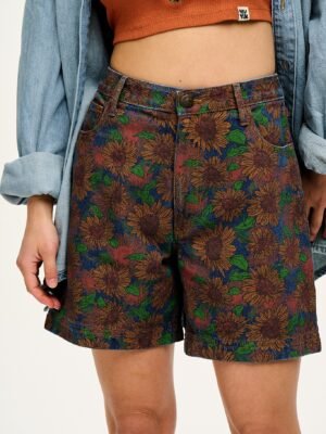 Lexi - High Waist Denim Shorts in Mid Wash Sunflower Print