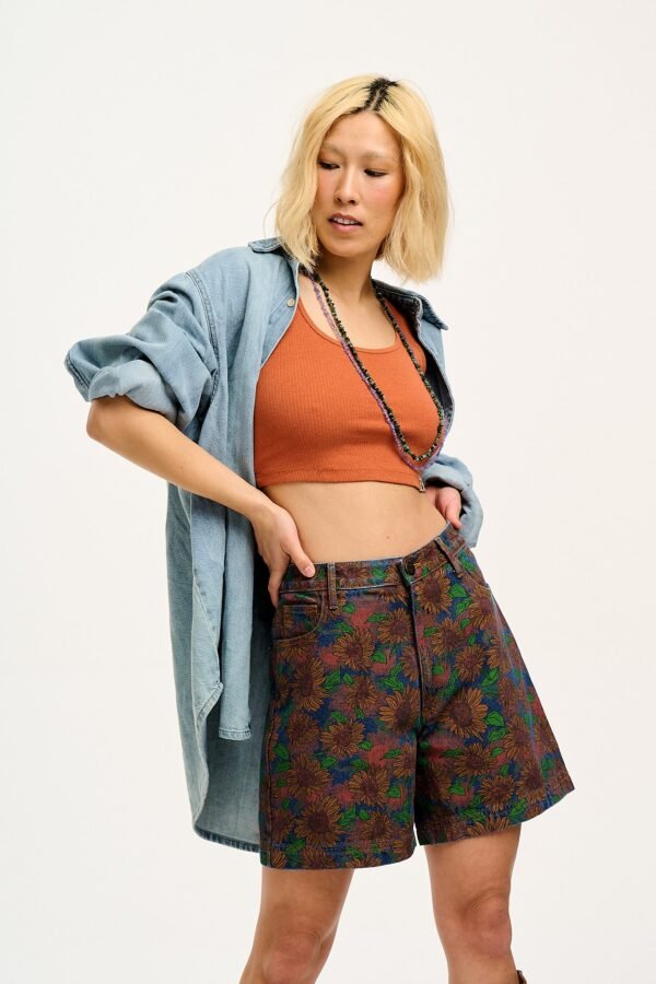 Lexi - High Waist Denim Shorts in Mid Wash Sunflower Print