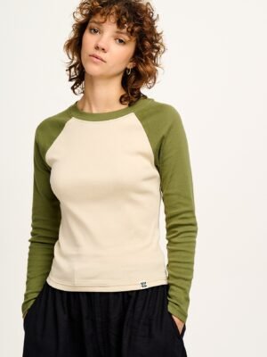 Avi - Long Sleeve Raglan Tee in Khaki & Cream Block