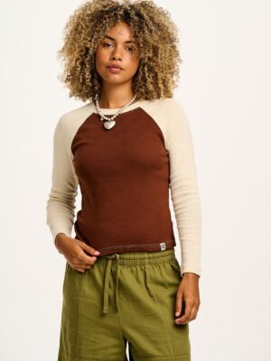 Avi - Long Sleeve Raglan Tee in Cream & Brown Block