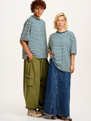 Benny - Oversized Cotton Tee in Blue & Ecru Stripe