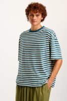 Benny - Oversized Cotton Tee in Blue & Ecru Stripe