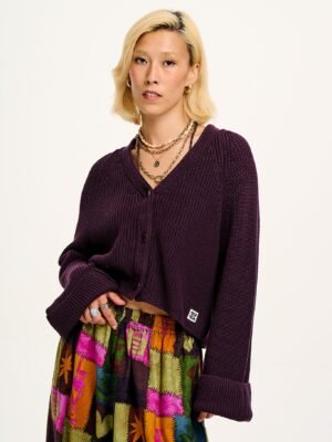 Robyn - V-Neck Cotton Cardigan in Plum