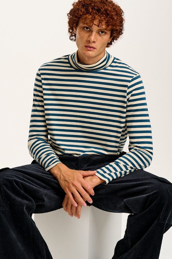 Hayden - Cotton & Modal Roll neck top in Navy & Ecru Stripe