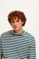 Hayden - Cotton & Modal Roll neck top in Navy & Ecru Stripe