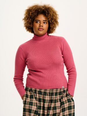 Aiden - Roll Neck Knitted Cotton Top in Rose Pink