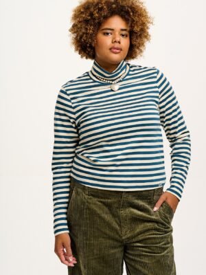 Hayden - Cotton & Modal Roll neck top in Navy & Ecru Stripe