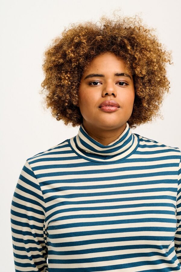 Hayden - Cotton & Modal Roll neck top in Navy & Ecru Stripe