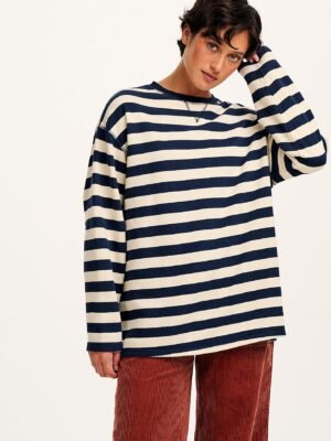 Kai - Midweight Cosy Loop Back Cotton Sweatshirt in Navy & Ecru