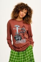 Kenny - Long Sleeve Skater Cotton Tee in Brown Fungi Print