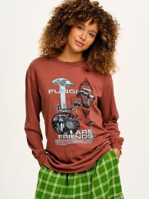 Kenny - Long Sleeve Skater Cotton Tee in Brown Fungi Print